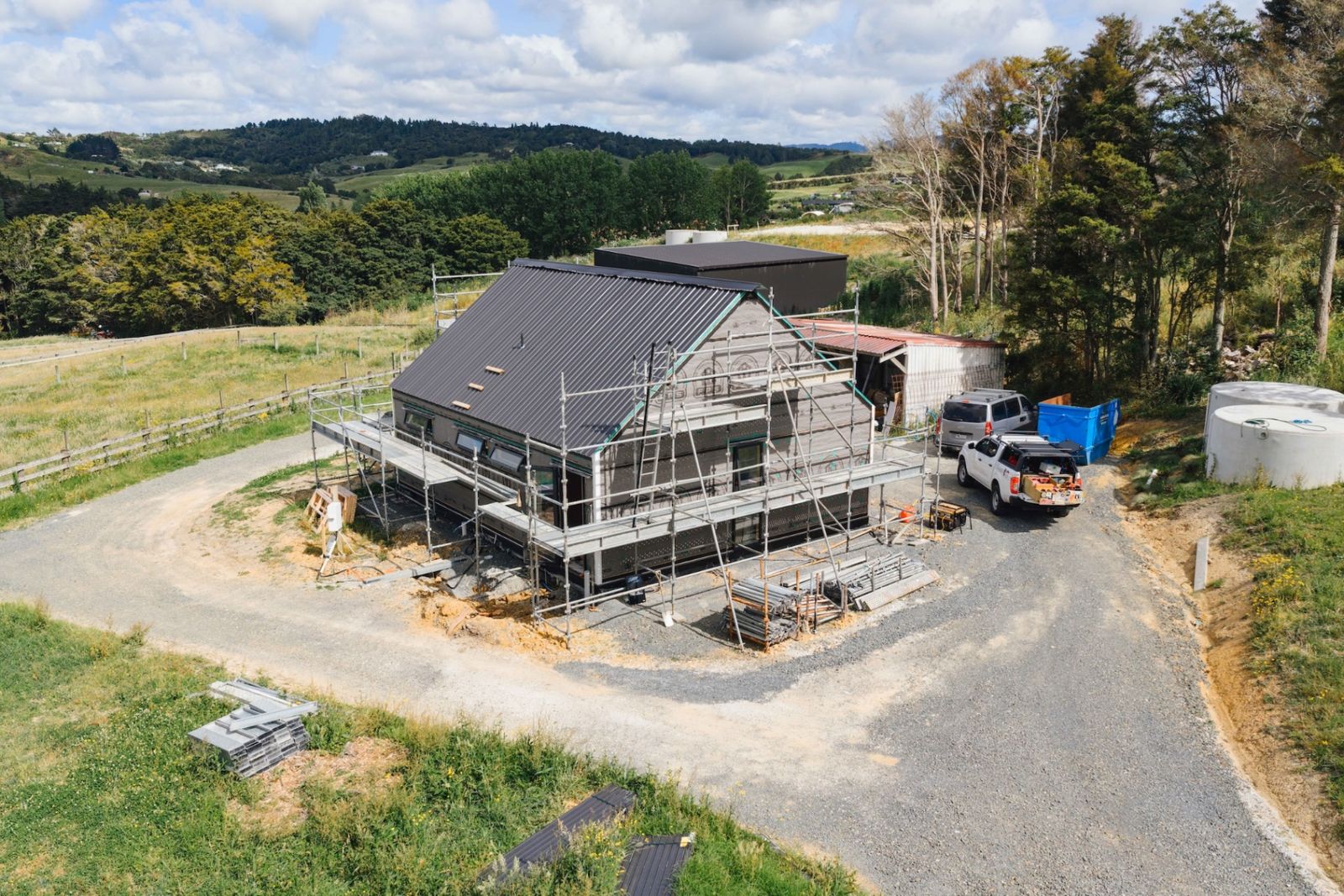 New rural home build under construction in Mangawhai with rolling hills backdrop