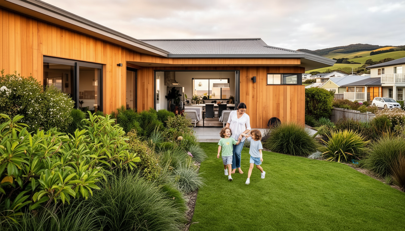 Family enjoying their new-build home in a Mangawhai coastal community
