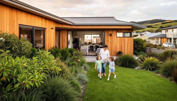 Family enjoying their new-build home in a Mangawhai coastal community
