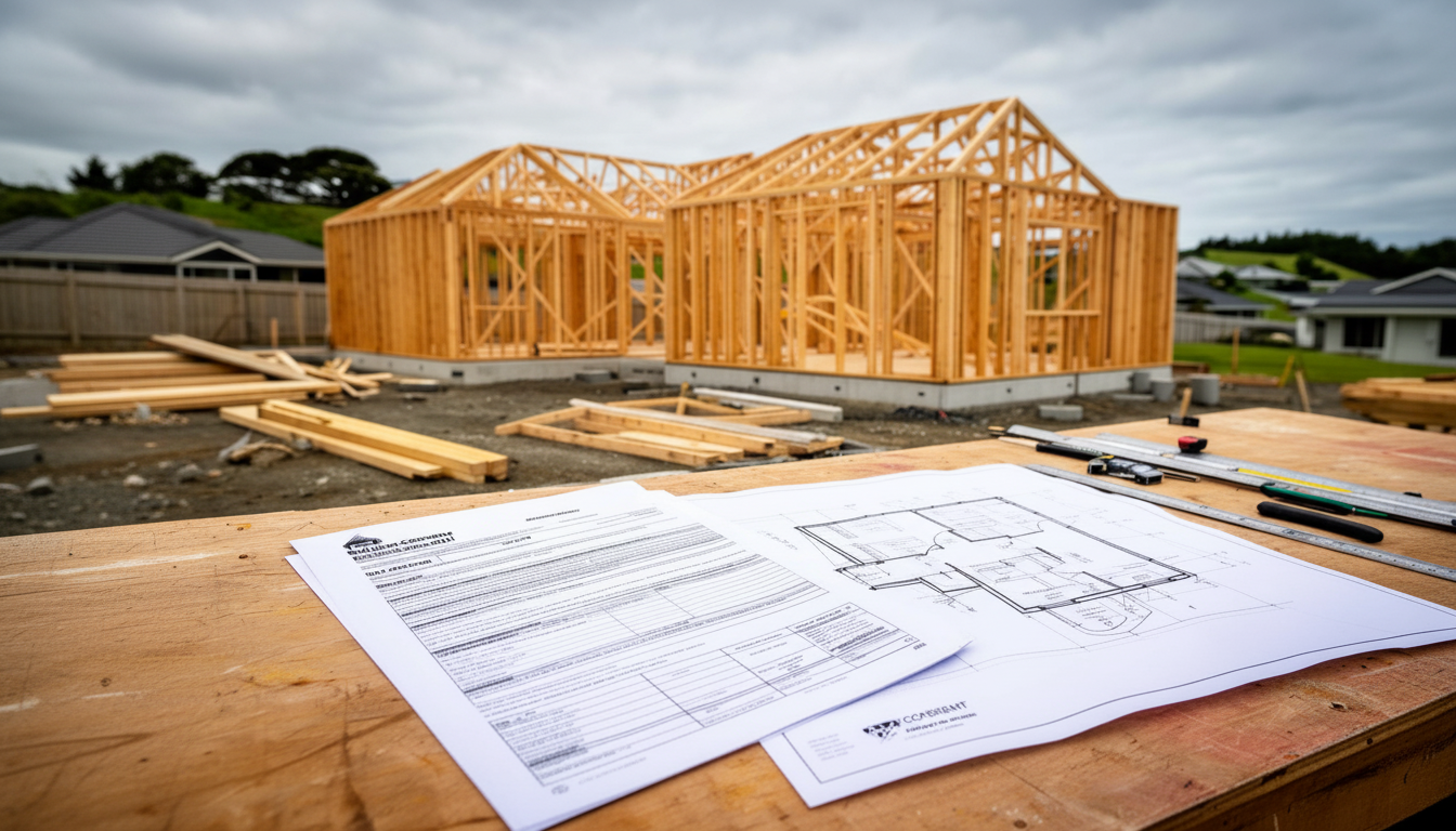 Building consent documents and architectural plans at a Northland construction site