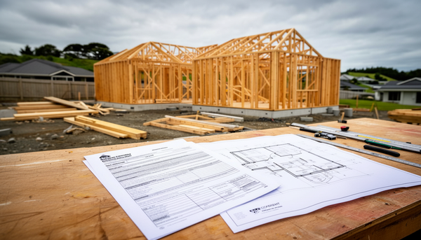Building consent documents and architectural plans at a Northland construction site