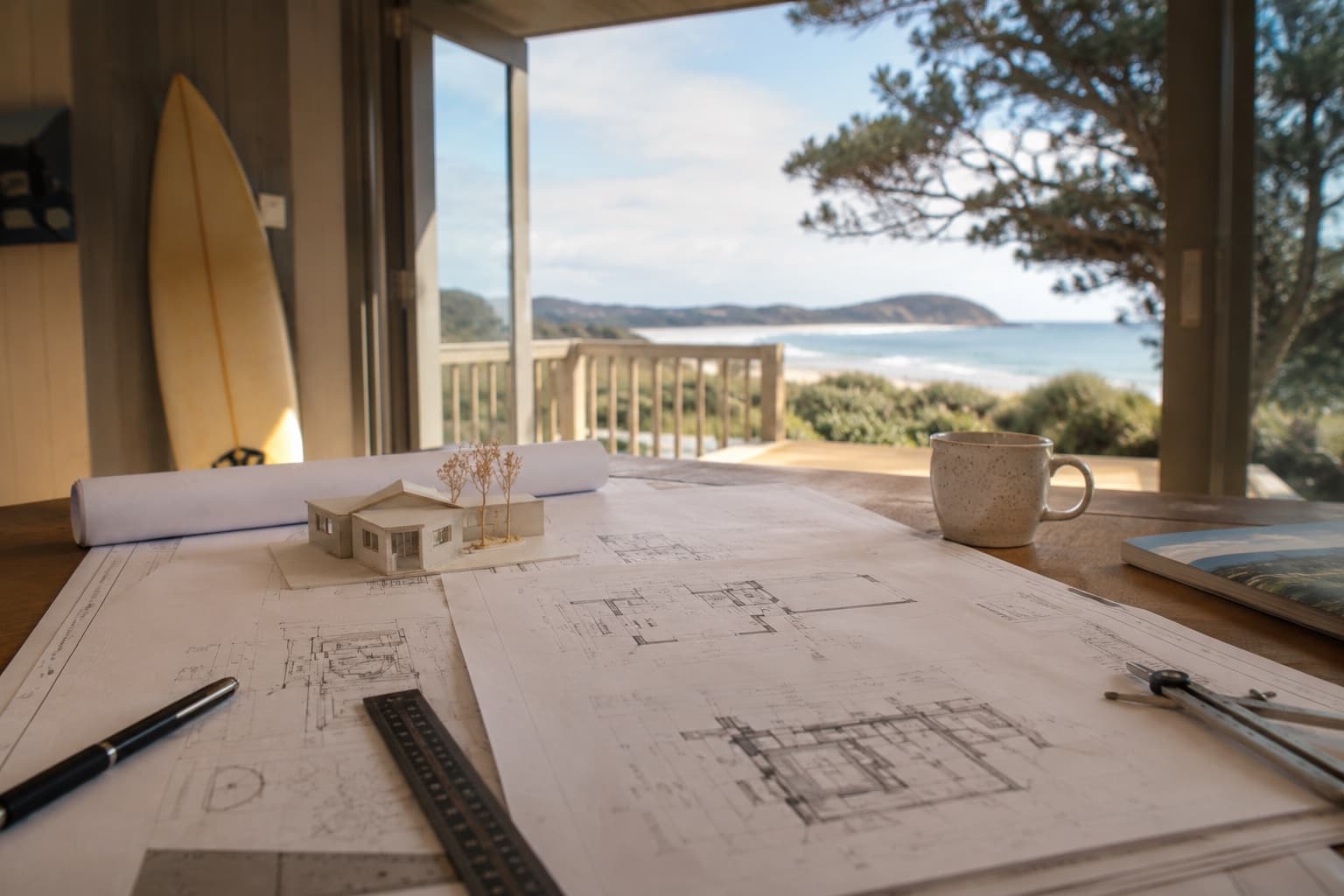 Bach renovation plans, scale model and a Mangawhai Heads ocean view from the deck