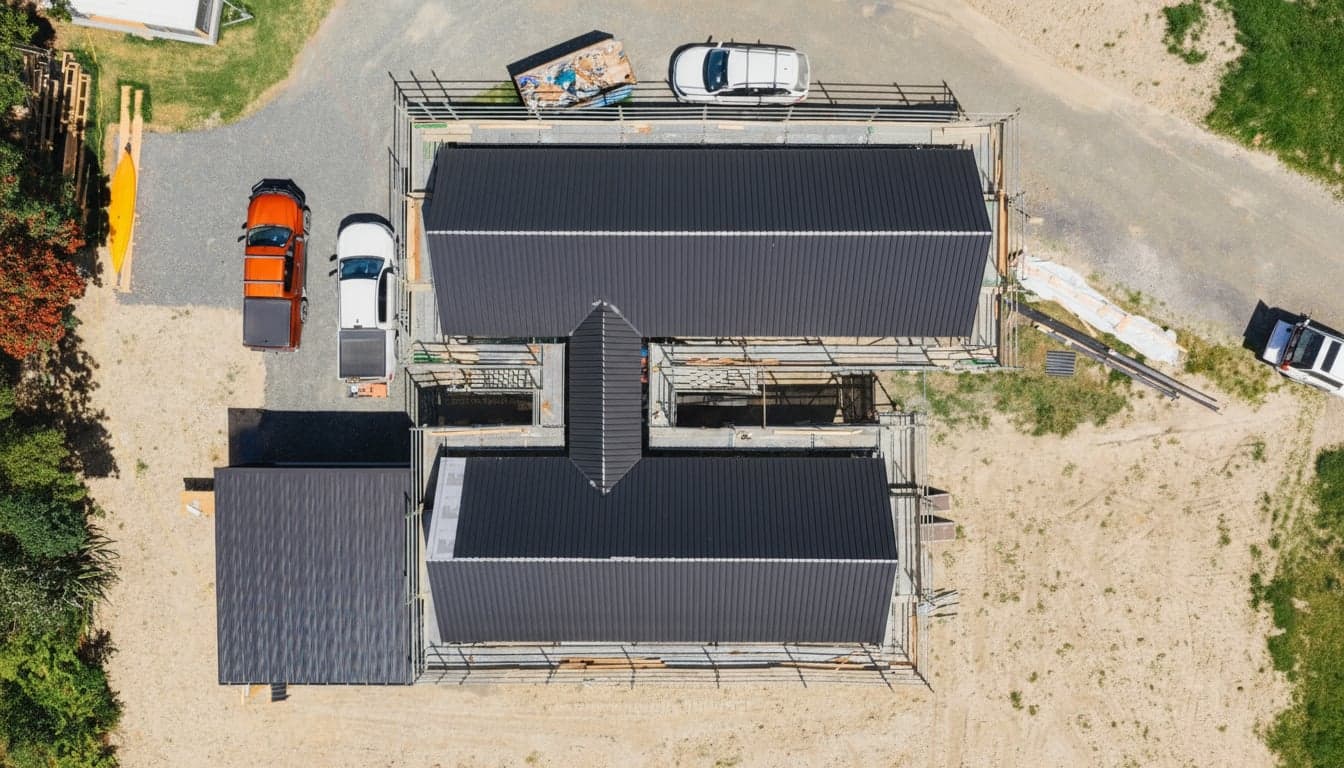 Aerial view of a Boaz Developments build under way on a sandy coastal section in Northland