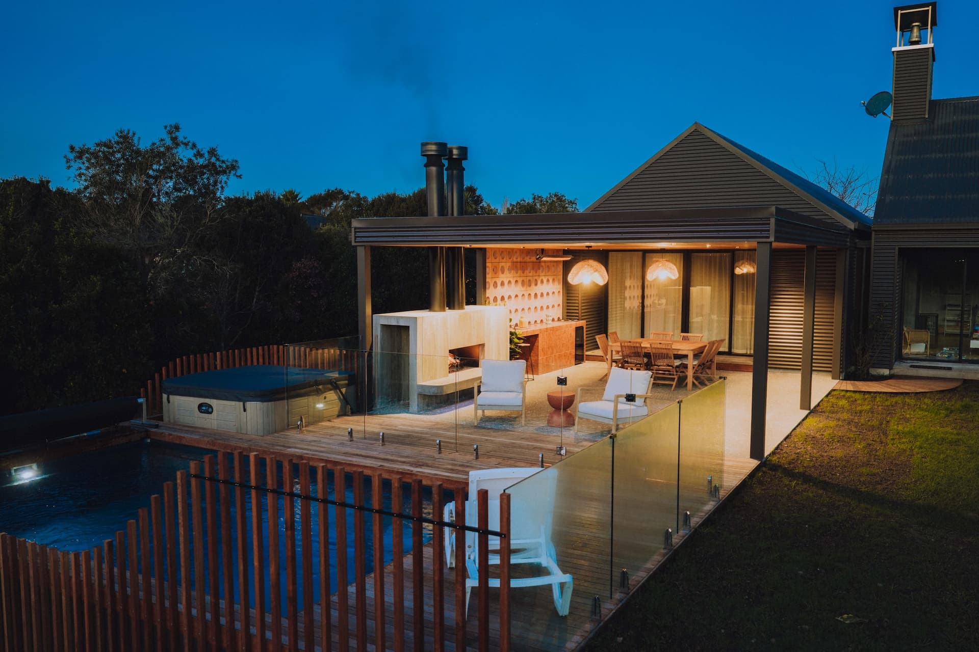 Finished build - Covered outdoor pavilion, pool and deck at Mangawhai Heads