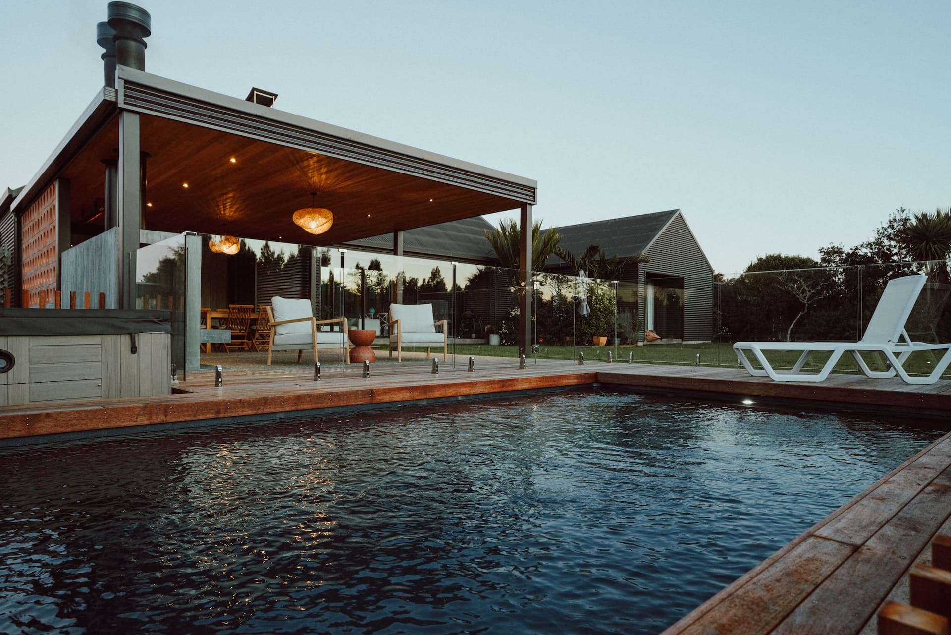 Finished build - Plunge pool, timber deck and frameless glass balustrade at Mangawhai Heads