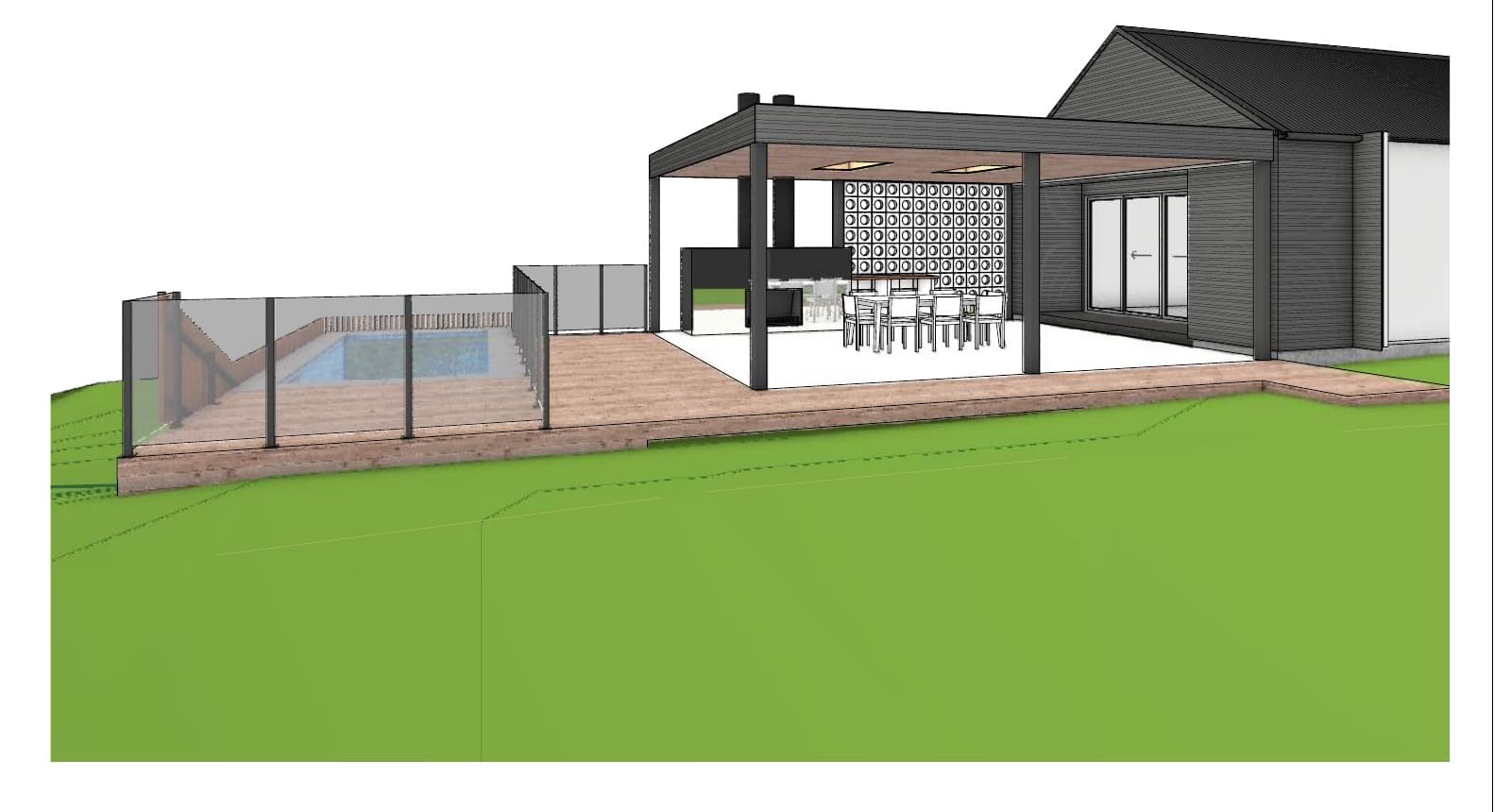 Concept render - Covered outdoor pavilion, pool and deck at Mangawhai Heads