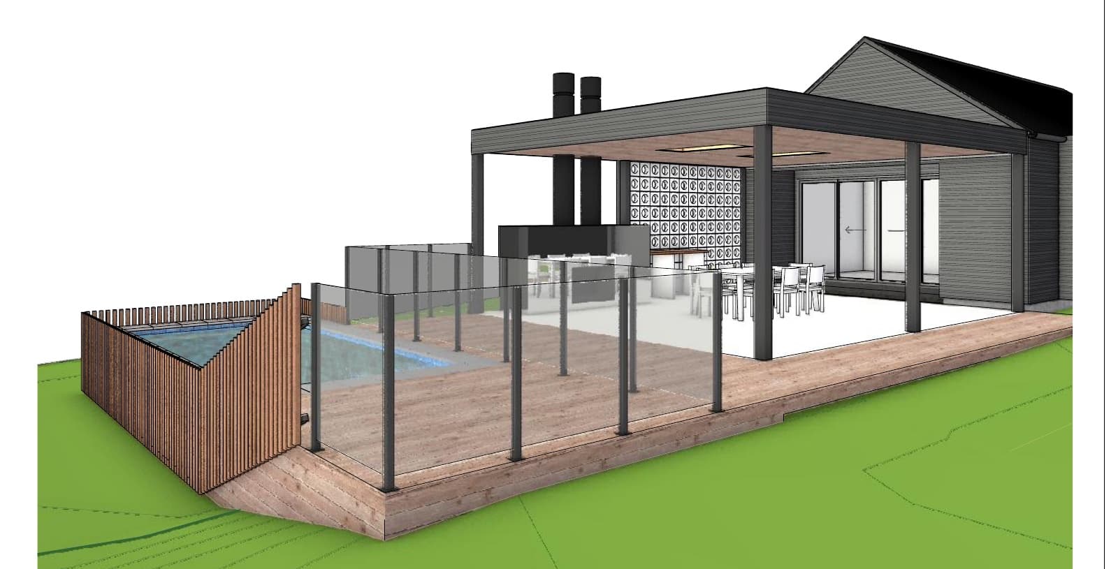 Concept render - Plunge pool, timber deck and frameless glass balustrade at Mangawhai Heads